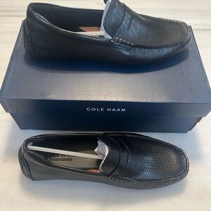Cole Haan Black Leather Perforated Penny Loafers